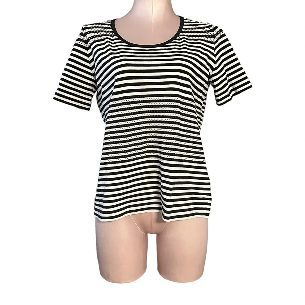AKRIS Punto black and white striped top size 14. Beautiful see through detail - Picture 11 of 12